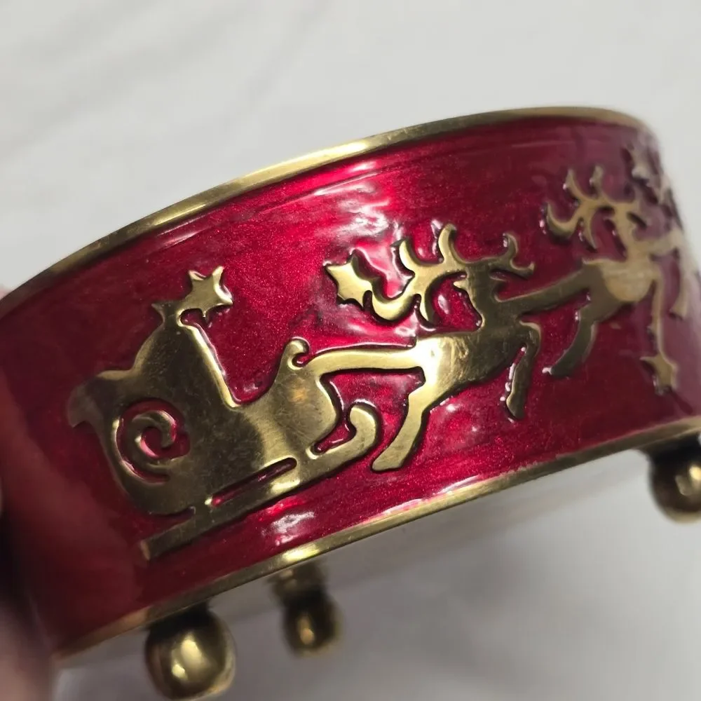 Vintage Santa's Reindeers Sleigh Christmas Brass Footed Bowl Wine Bottle Holder